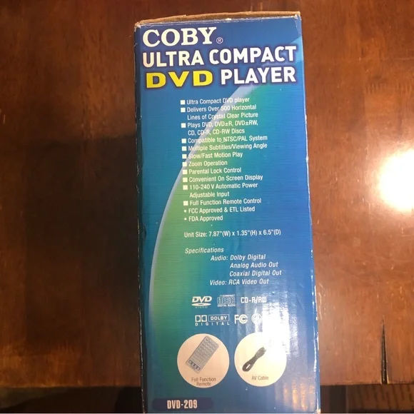 Coby DVD Player Ultra Compact DVD 209 Top Loading With Remote Control - Av Cable